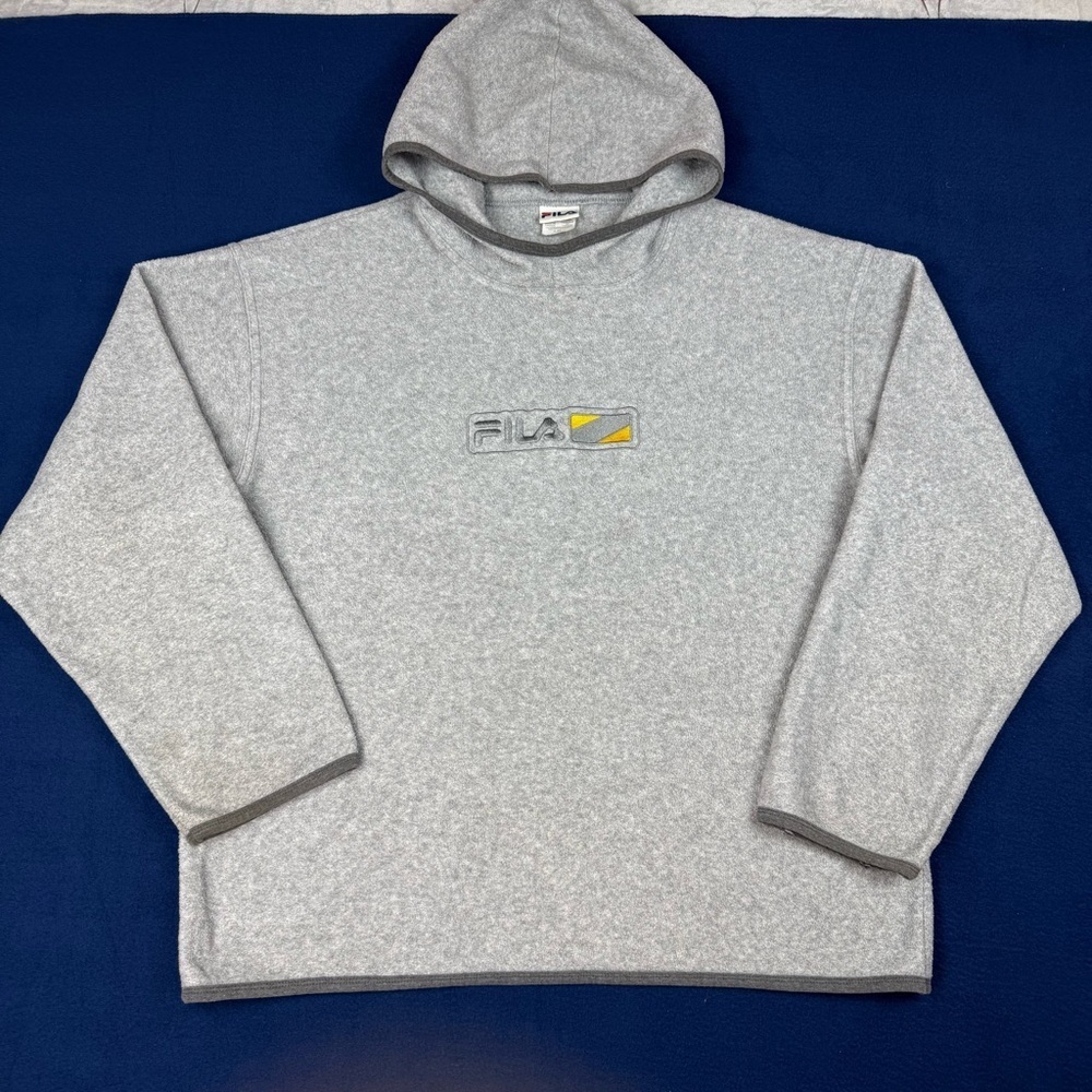 Vintage FILA Fleece Hoodie Grey Made in Canada Size L Fleece Pullover Logo Y2K